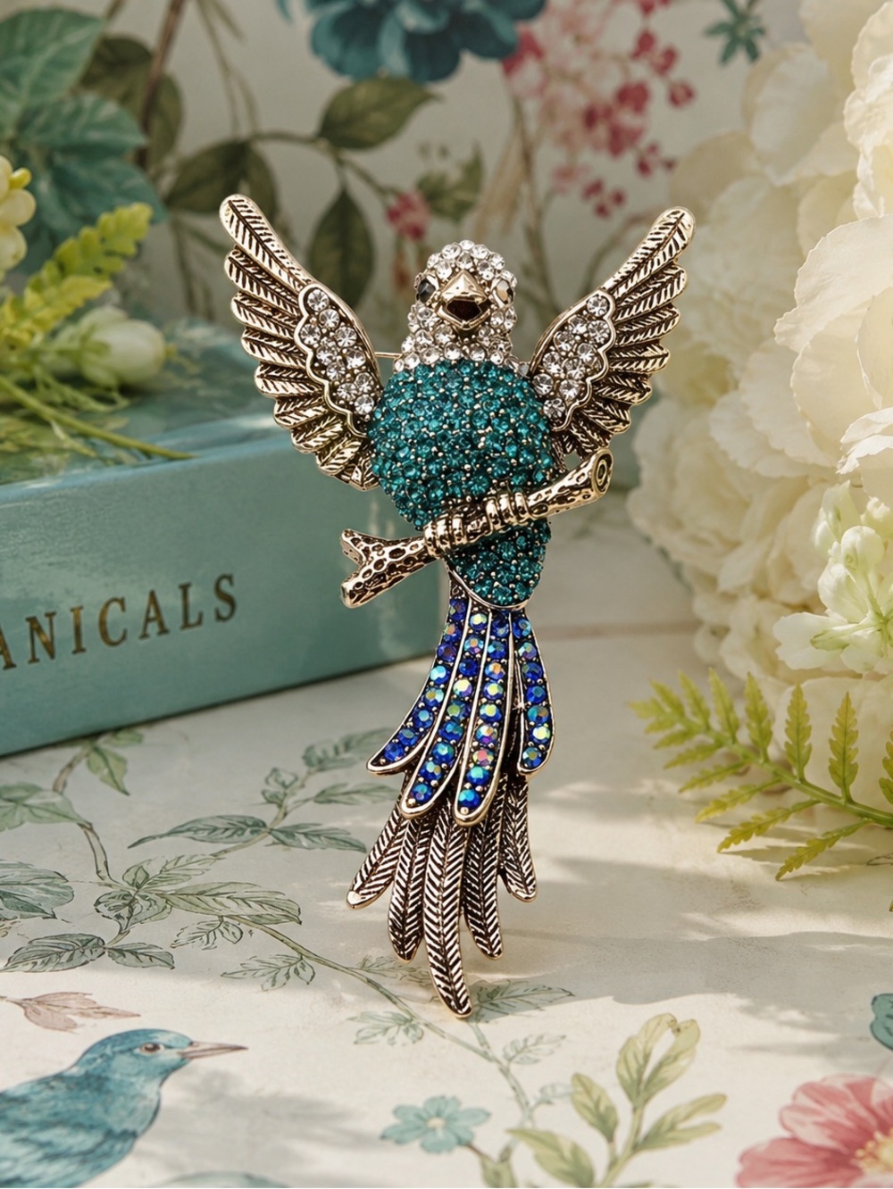 Gold-Tone Tropical Bird Brooch Blue Rhinestones Convertible Necklace